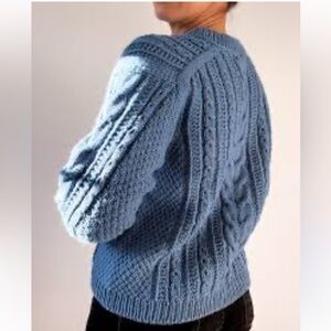 HANDMADE Aran Fisherman Wool Classic Cable Knit Women's Sweater - Blue